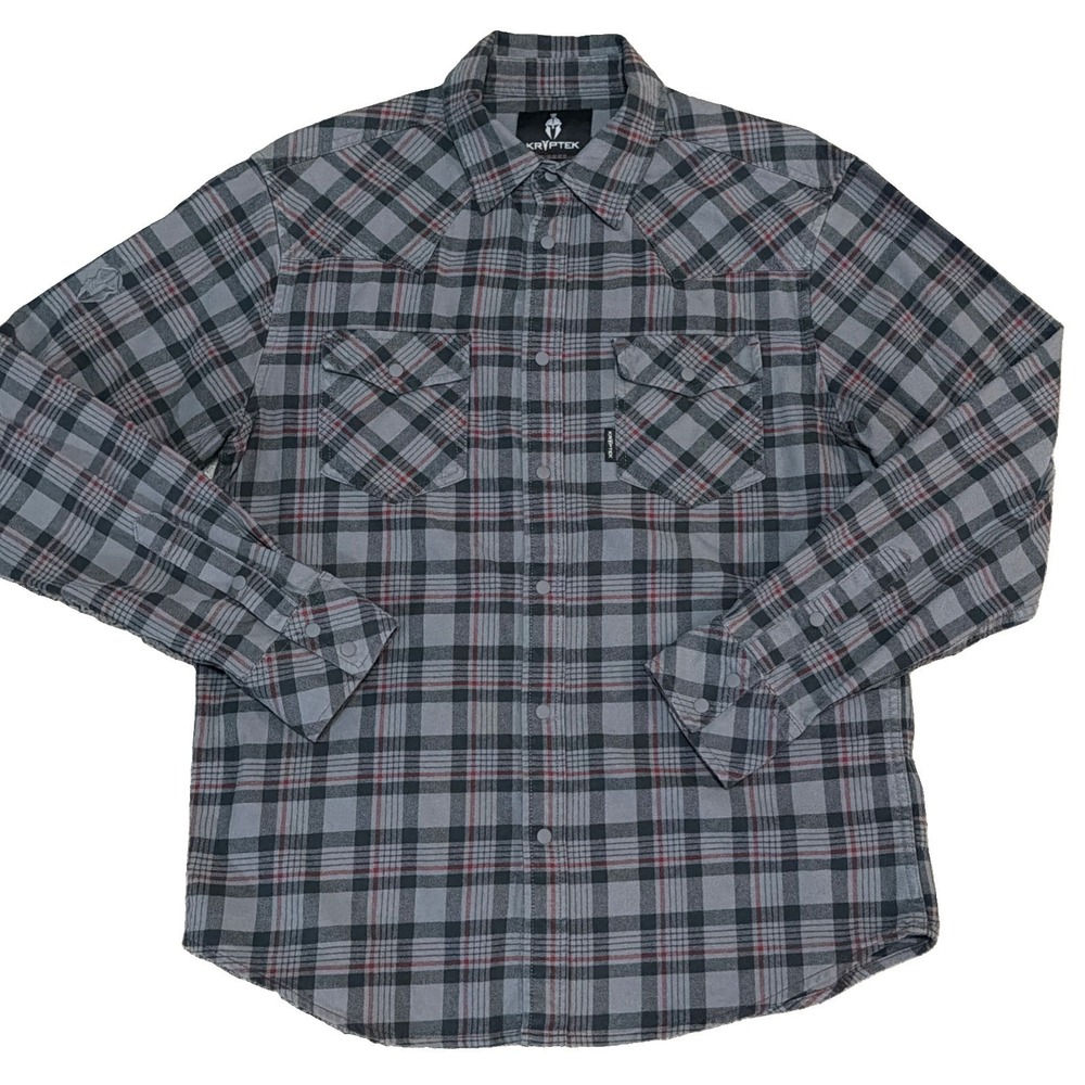 Kryptek Men's Medium Charcoal Gray Plaid Long Sleeve Full Snap Flannel Shirt